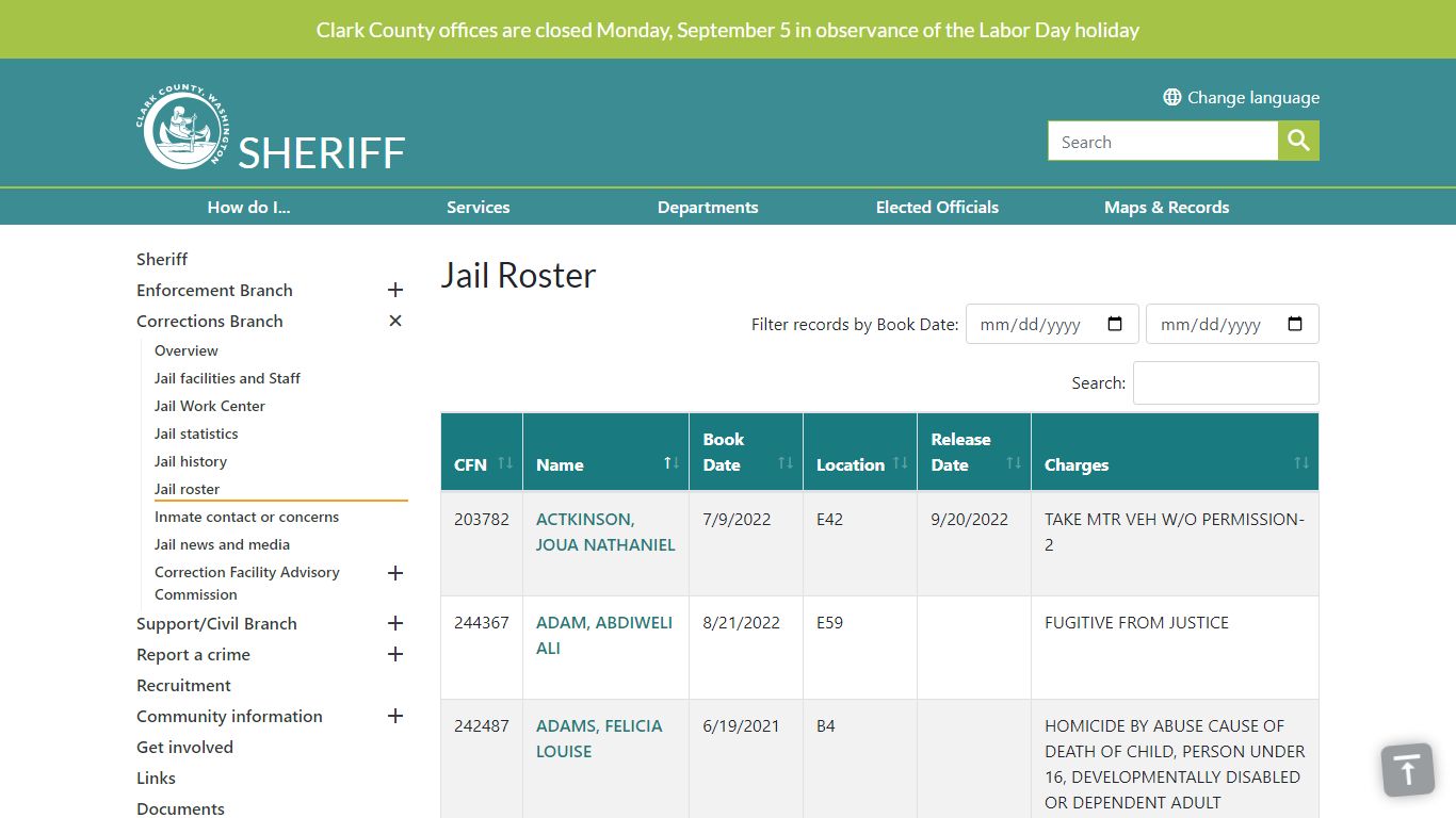 Jail Roster | Clark County - Clark County, Washington